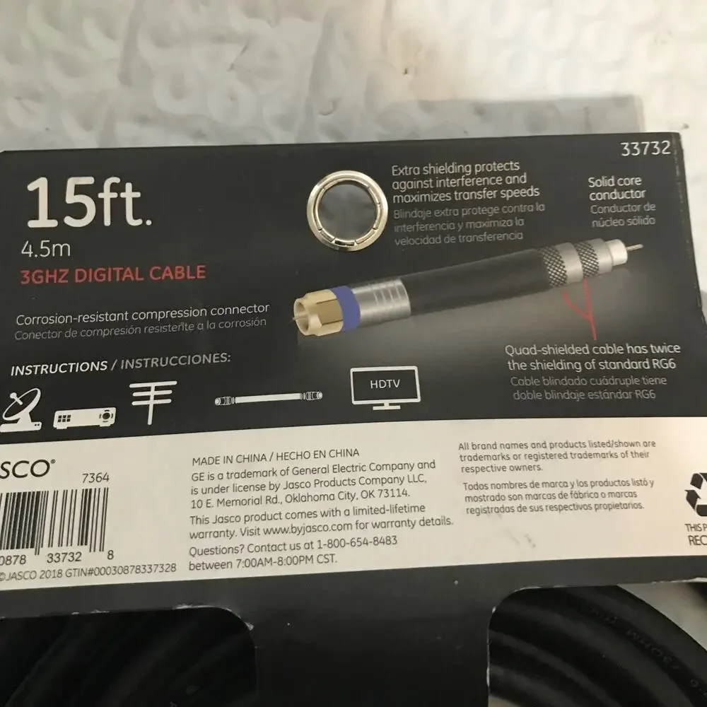 GE 33732 Pro Quad-Shield RG6 Coax Cable 15 ft 4.5m by jasco 2018 New NOS